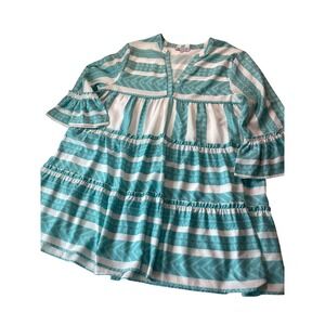 Collection by Cezele Dress Large Blue White Striped Tiered‎ Ruffle Sleeve